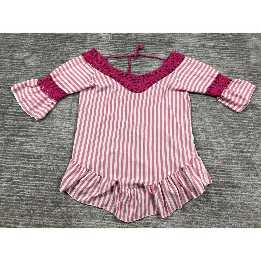 India Boutique Top Womens One Size Pink Striped Fringe Crochet